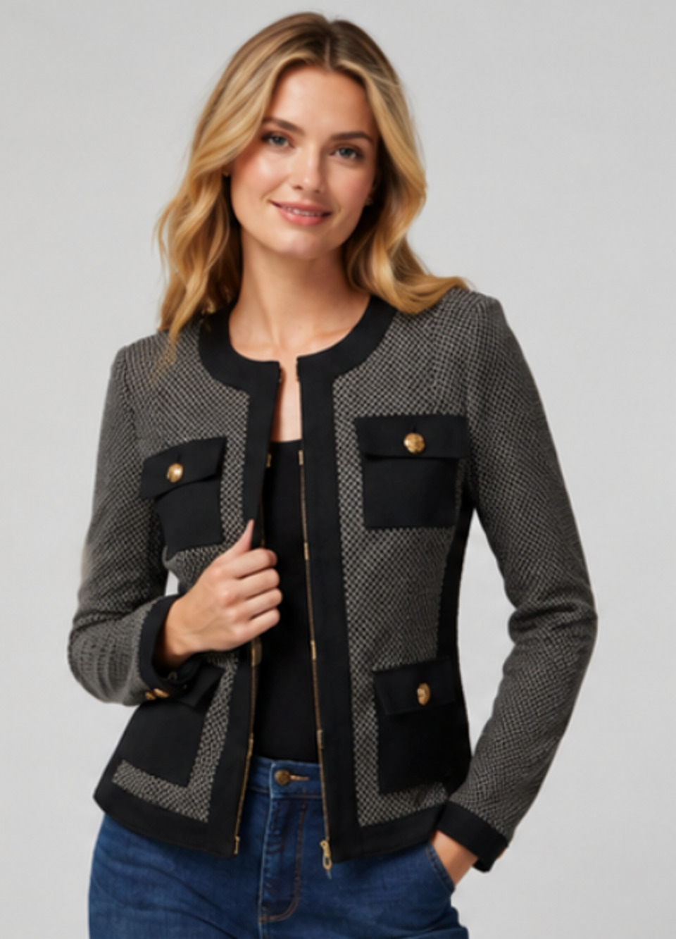 WHBM WHITE HOUSE BLACK MARKET JACQUARD KNIT STYLIST JACKET BLACK ECRU GEO SZ 0